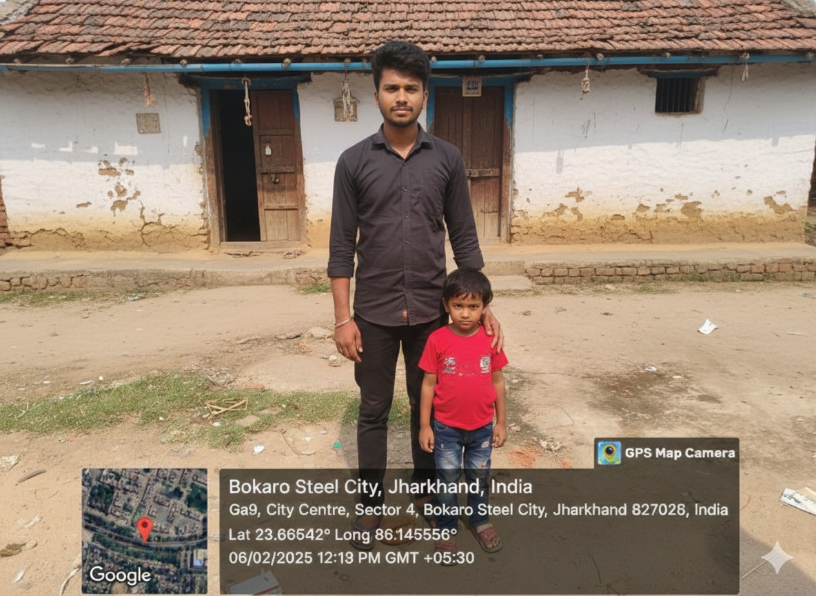 Sample Geo-Tagged Photo showing home with parent and student, GPS coordinates, date, time and location